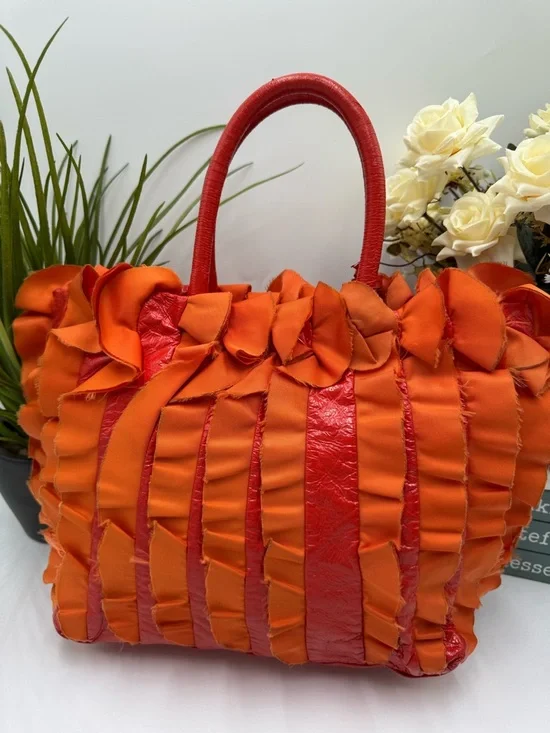 Prada Rare Arancio Orange Tessuto Ruffle Tote Bag BN1728 Vernice Patent Leather - Picture 2 of 14